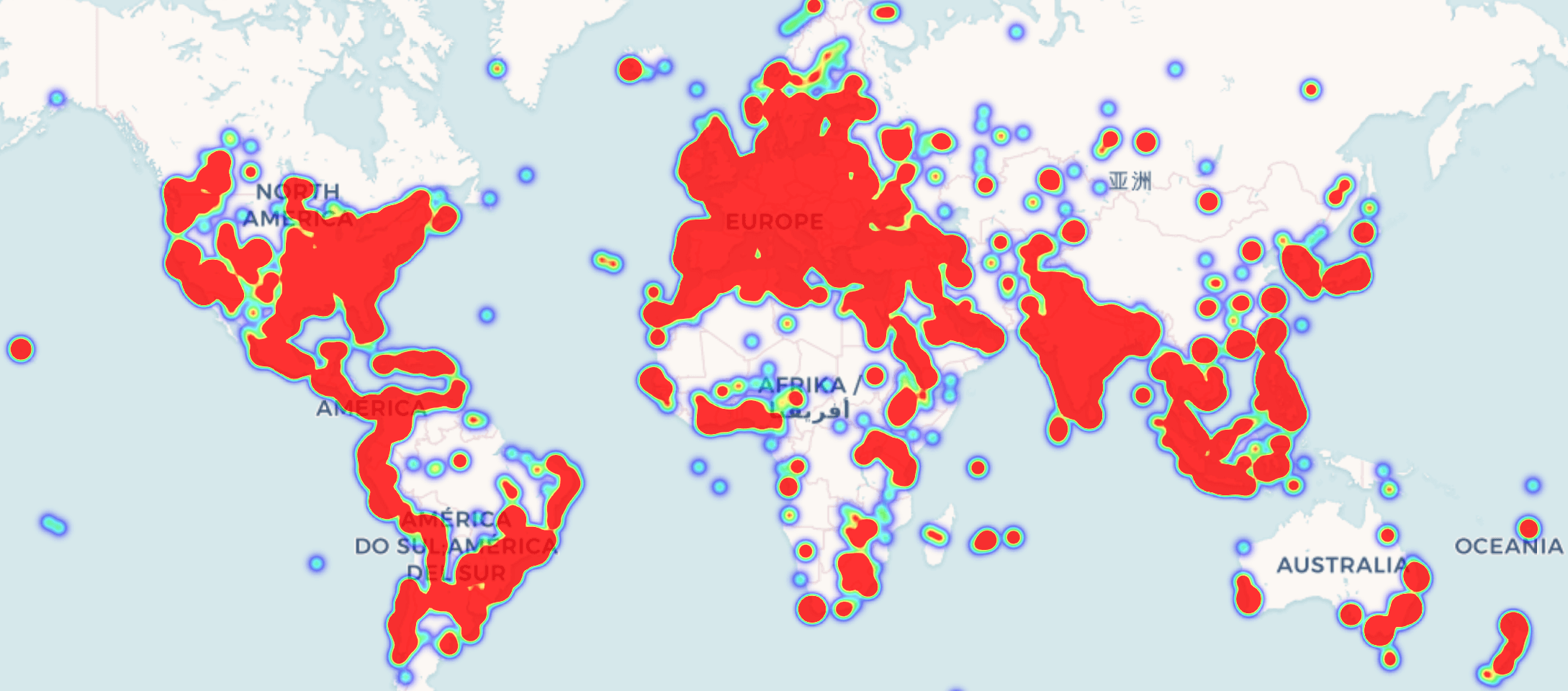 Mapa de calor de los proyectos de Cityweft creados en el mundo en los últimos tres meses