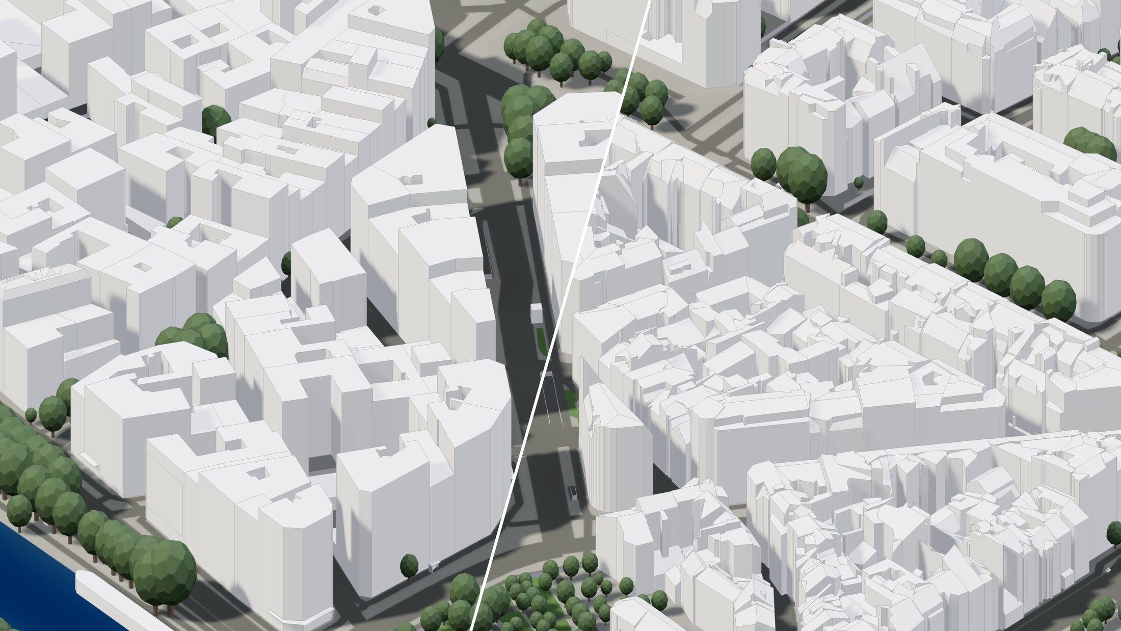 Vergleich: globale Gebäude links, Premium-3D-Gebäude mit echten Dachformen rechts