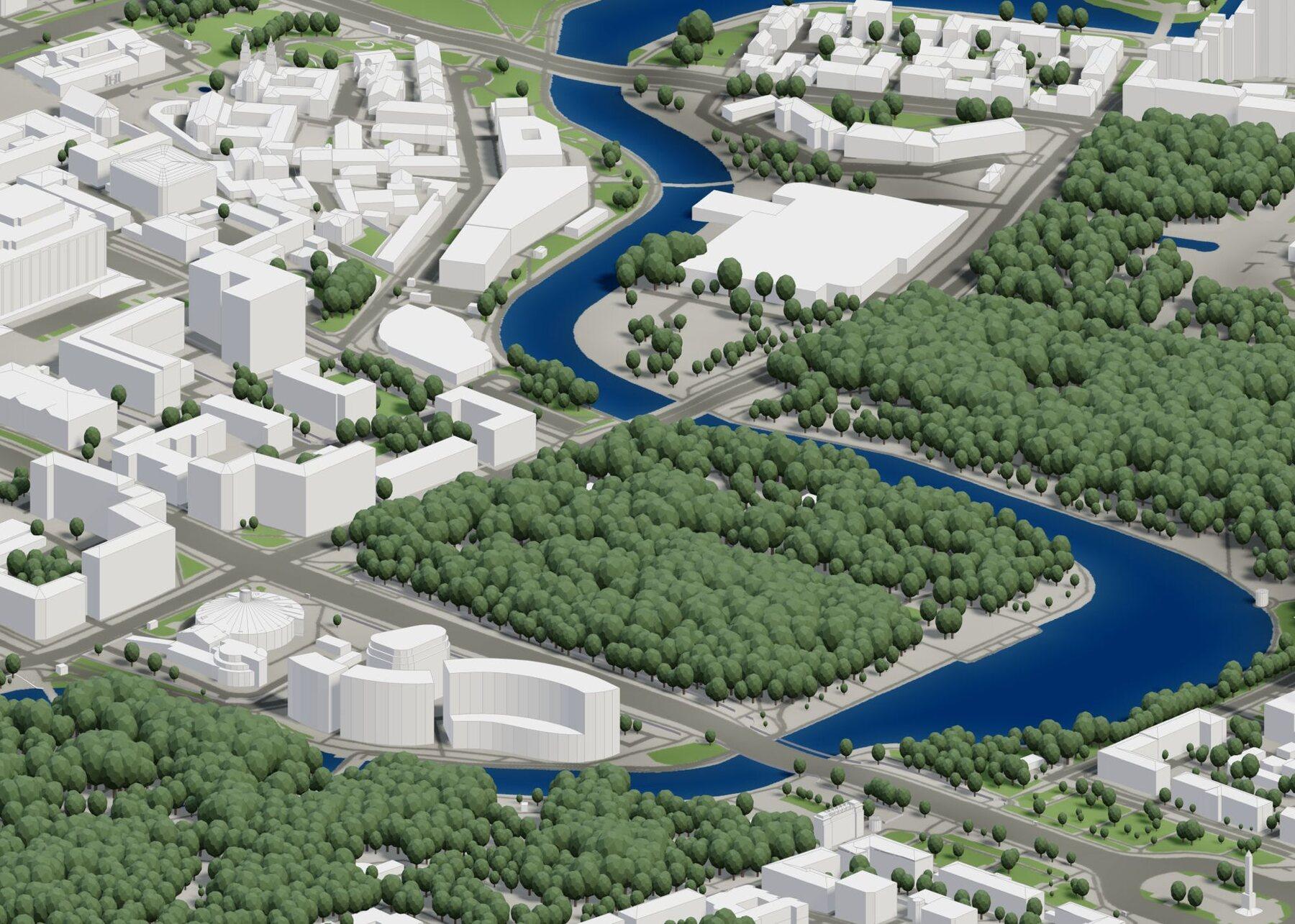 3D-Stadtmodell mit einzeln platzierten Bäumen entlang eines Flusses